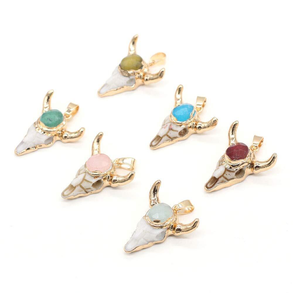 8761 5pcs Natural Stone Pendant Charms, Skull Crystal Stone Pendant, Cow